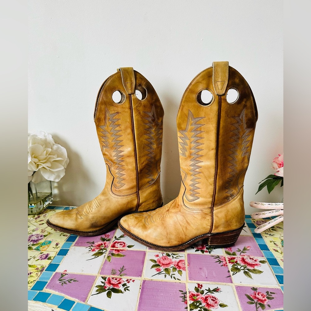 Vintage Tan Western Cowboy Cowgirl Leather Boots 9.5 10